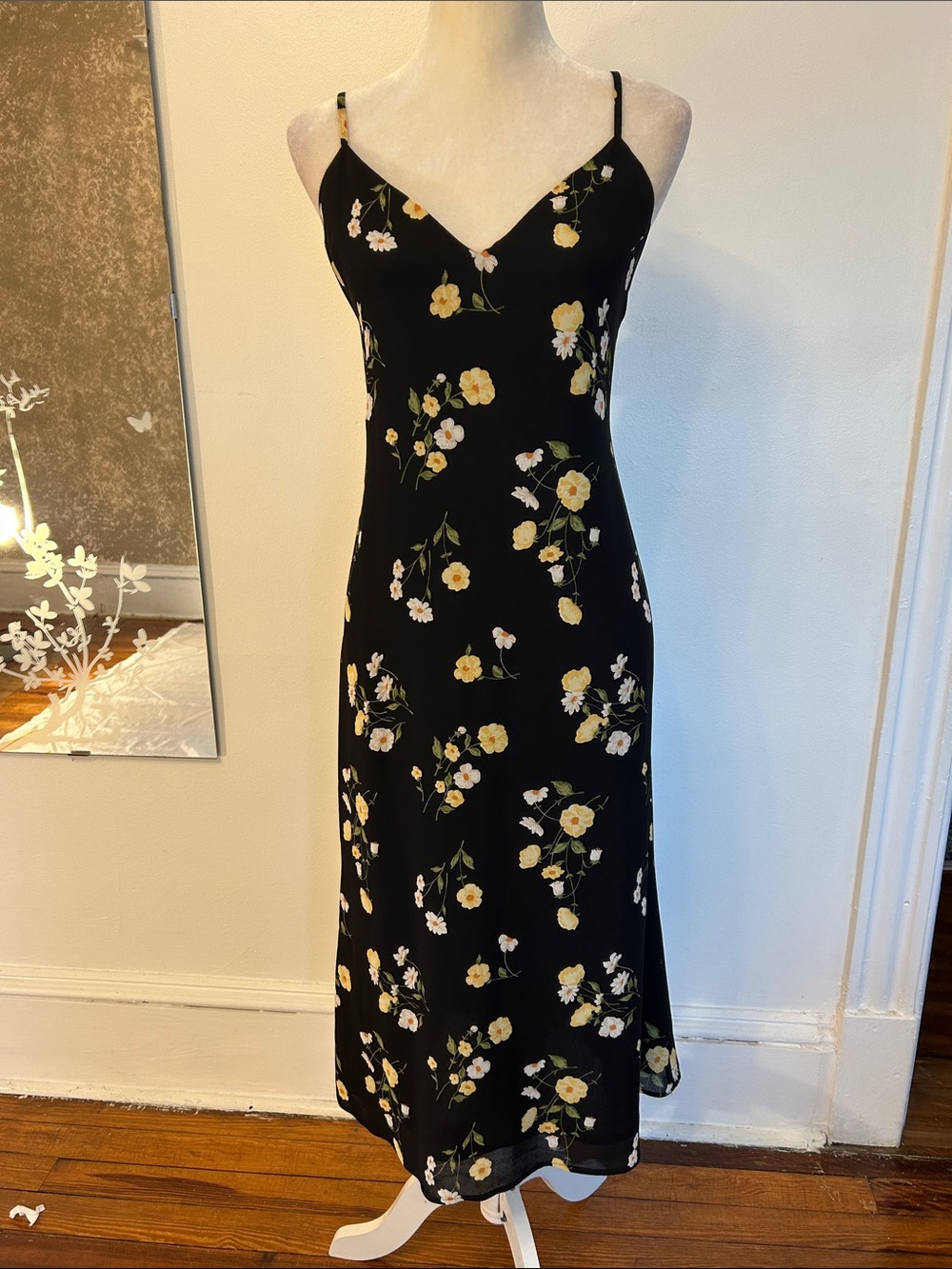 Reformation Black Slip Midi Dress with Yellow Floral Print